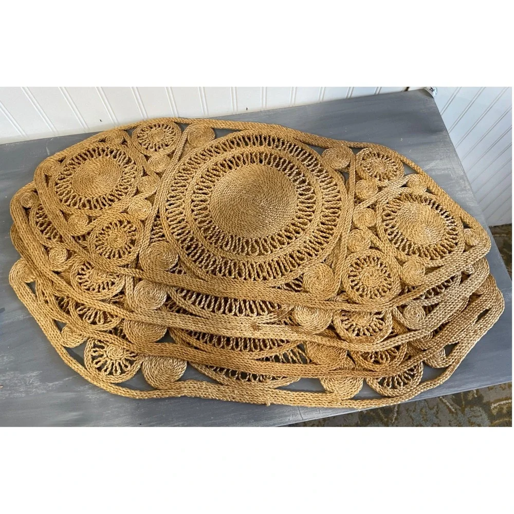 4pc Woven Straw Placemats/Table Runner Natural Fiber Boho Oval Medallion Cottage